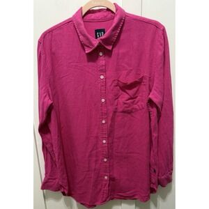 GAP Hot Pink Linen Blend Long Sleeve Button Up Blouse Shirt Top‎ Women's L Boho